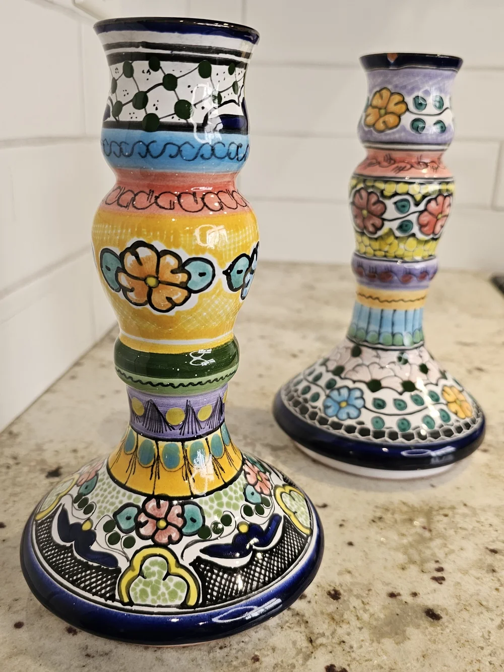Hand-Painted Multicolor Earthenware Candle Holders Floral Talavera Pue Mex. Art